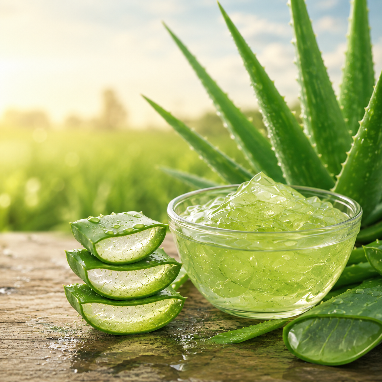 Fresh aloe vera leaves and products